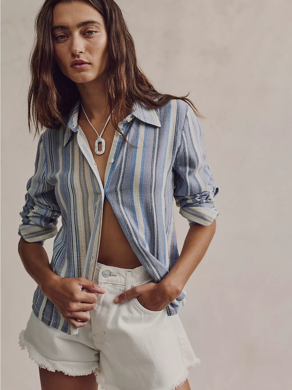 NWT We The Free Mallory Striped Button-Down Shirt - Blue and Cream XS